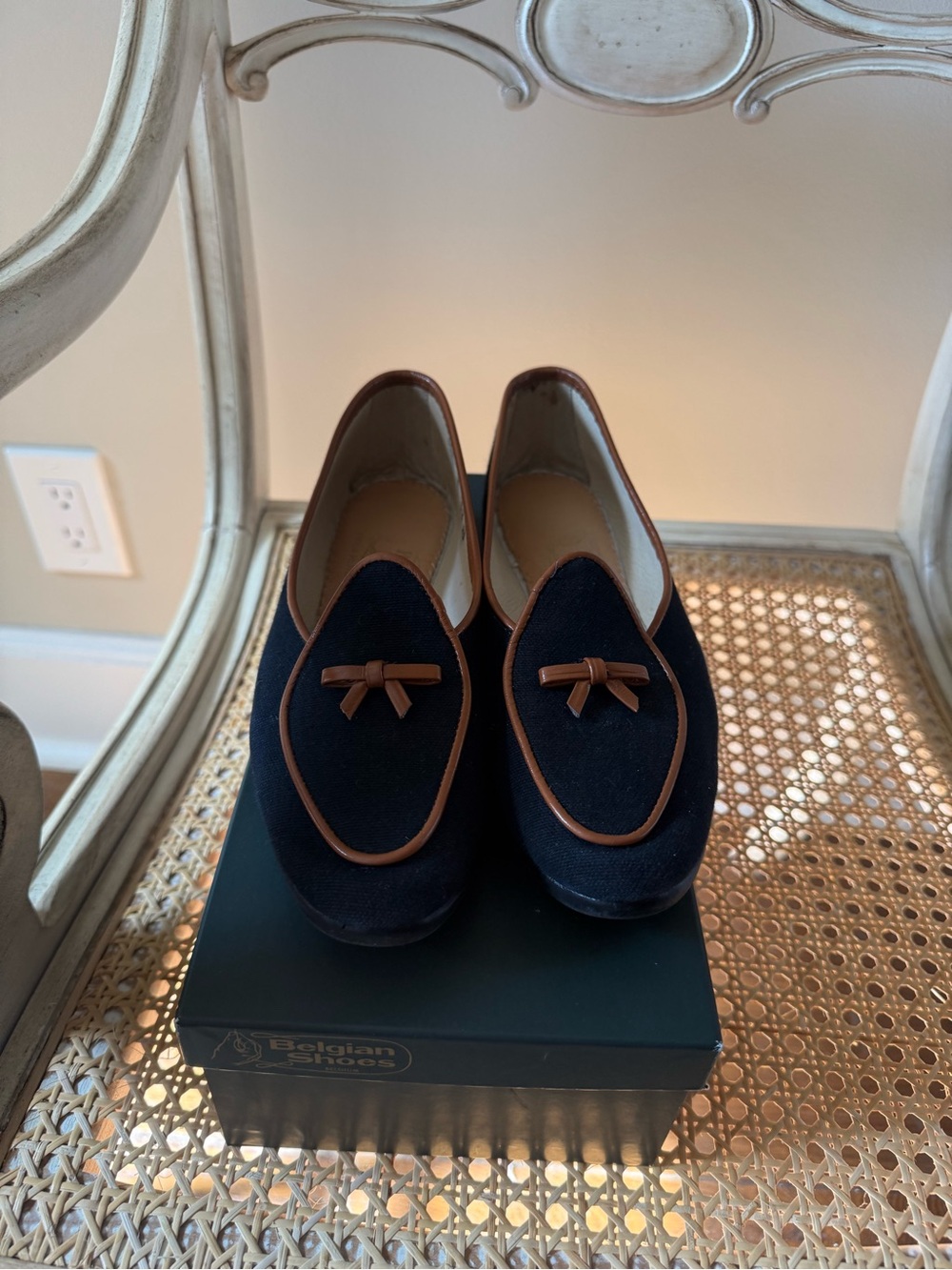 Belgian-Style Navy Loafers with Brown Trim